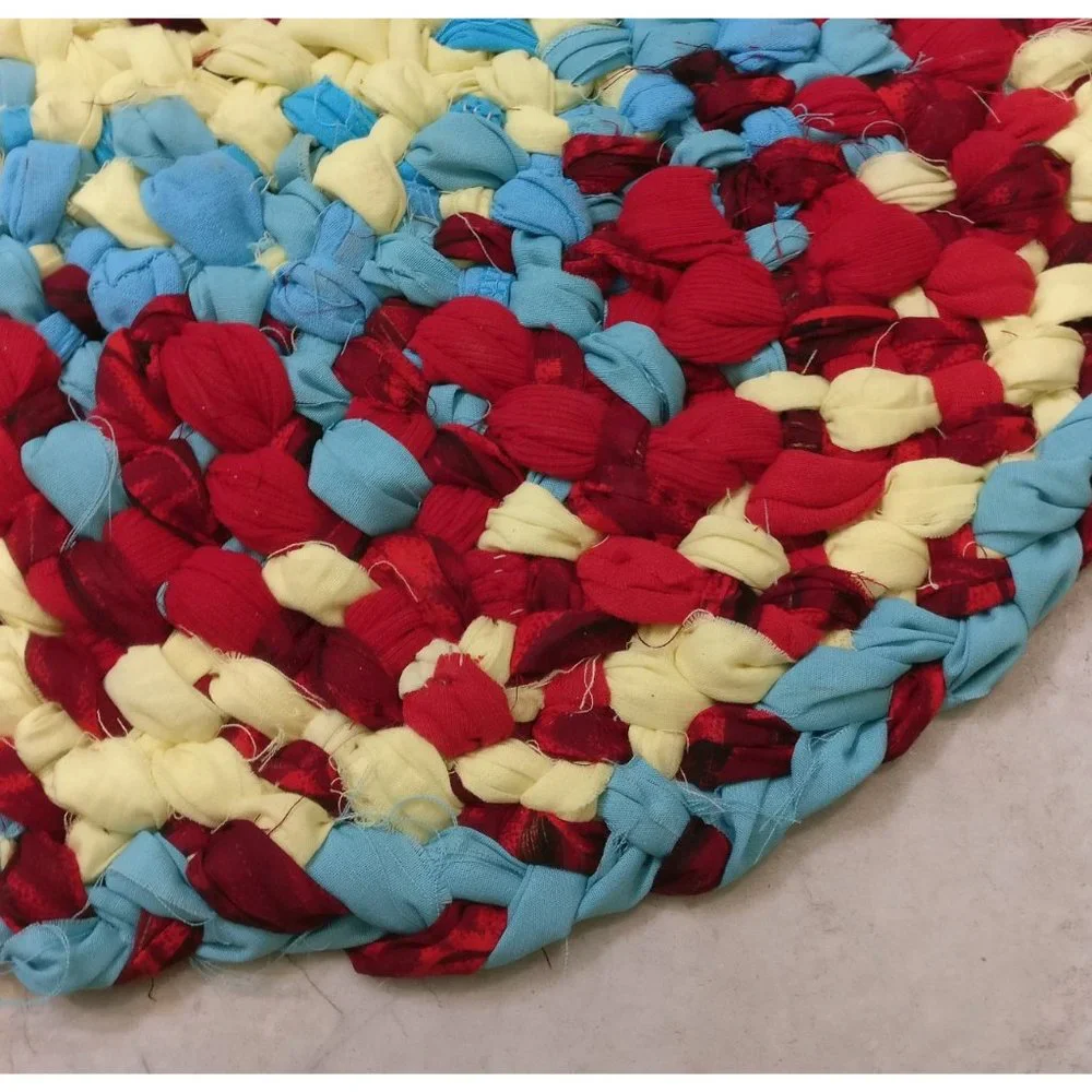 Yellow blue and red woven braided rag rug recycled fabric country farmhouse styl